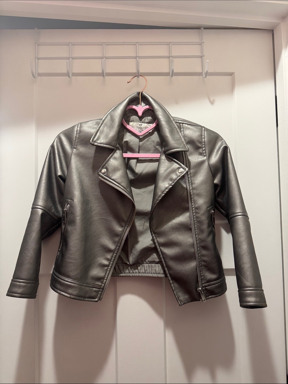 H&M Women's Faux Leather Moto Jacket in Metallic Dark Gray